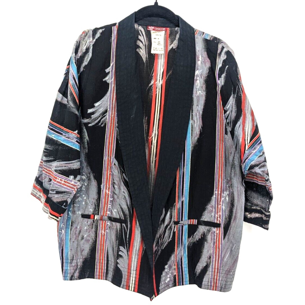 Chacok Black Multi-Color Striped Open Blazer